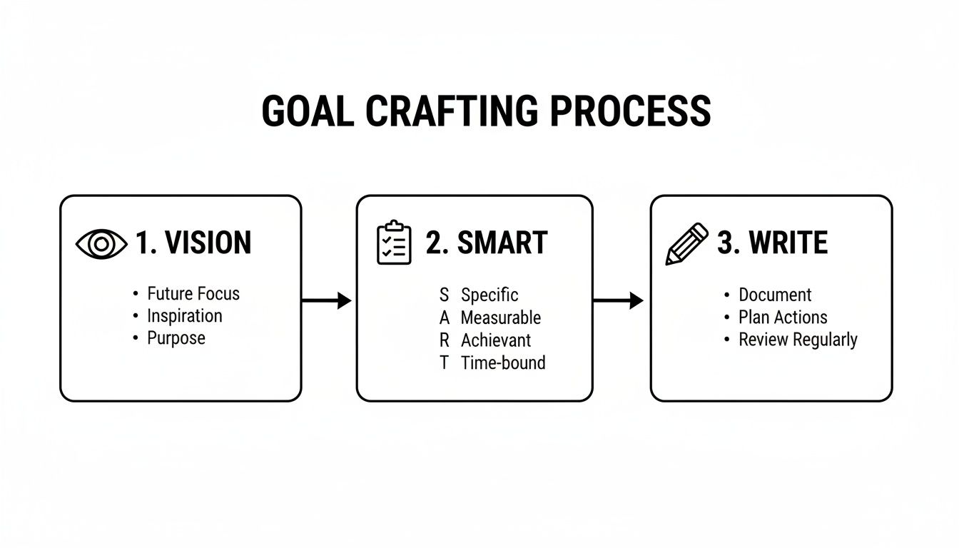 Diagram illustrating a 3-step goal crafting process with Vision, SMART goals, and writing steps.