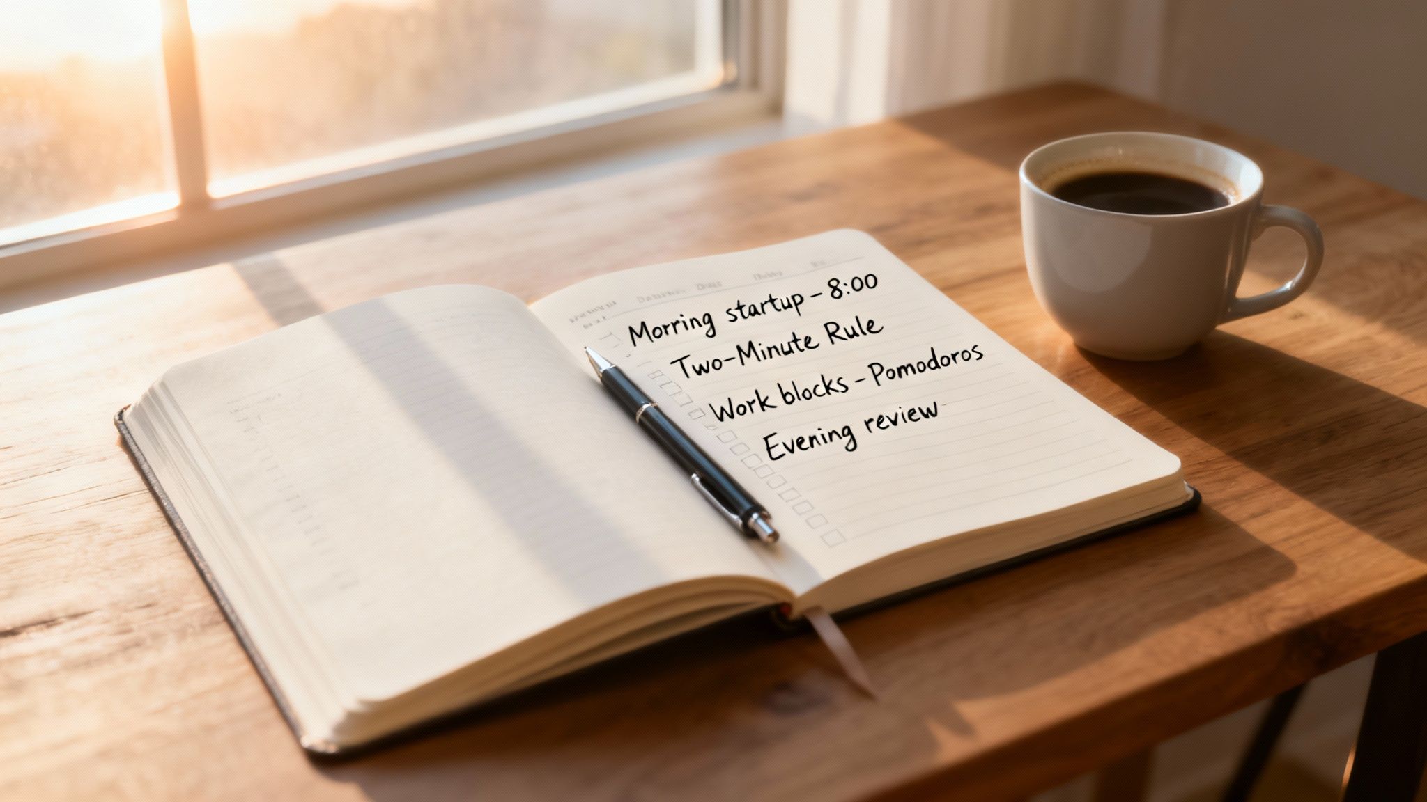 A daily planner open on a wooden desk with a to-do list, a pen, and a coffee mug.