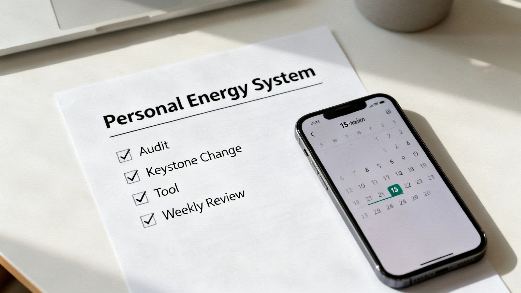 A 'Personal Energy System' checklist with checked items next to a smartphone showing a calendar.