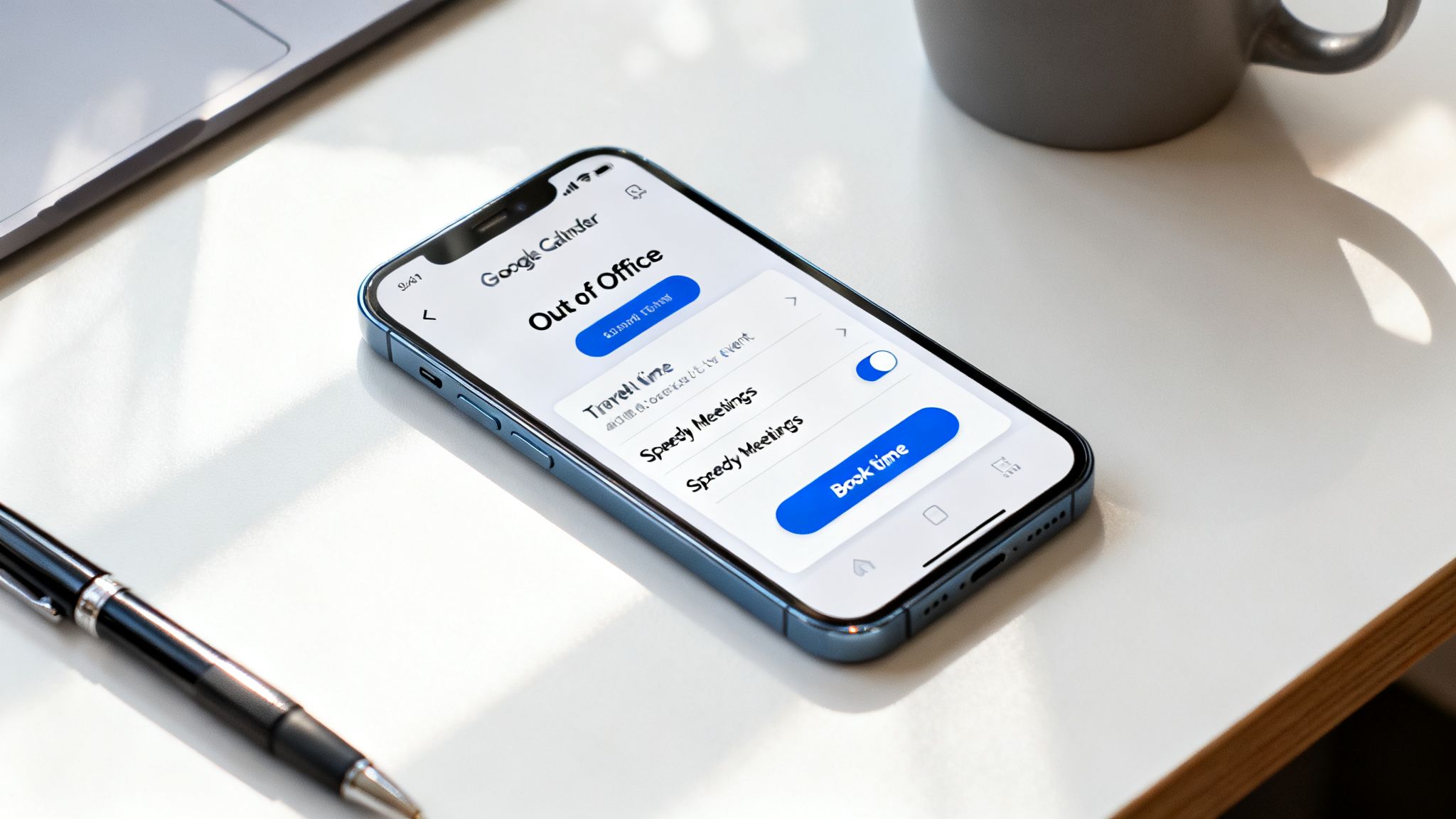 Close-up of an iPhone displaying Google Calendar app settings for 'Out of Office' and meetings.