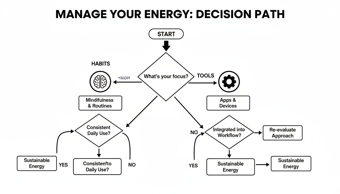 A flowchart titled 'Manage Your Energy: Decision Path' outlining two main approaches: Habits and Tools.