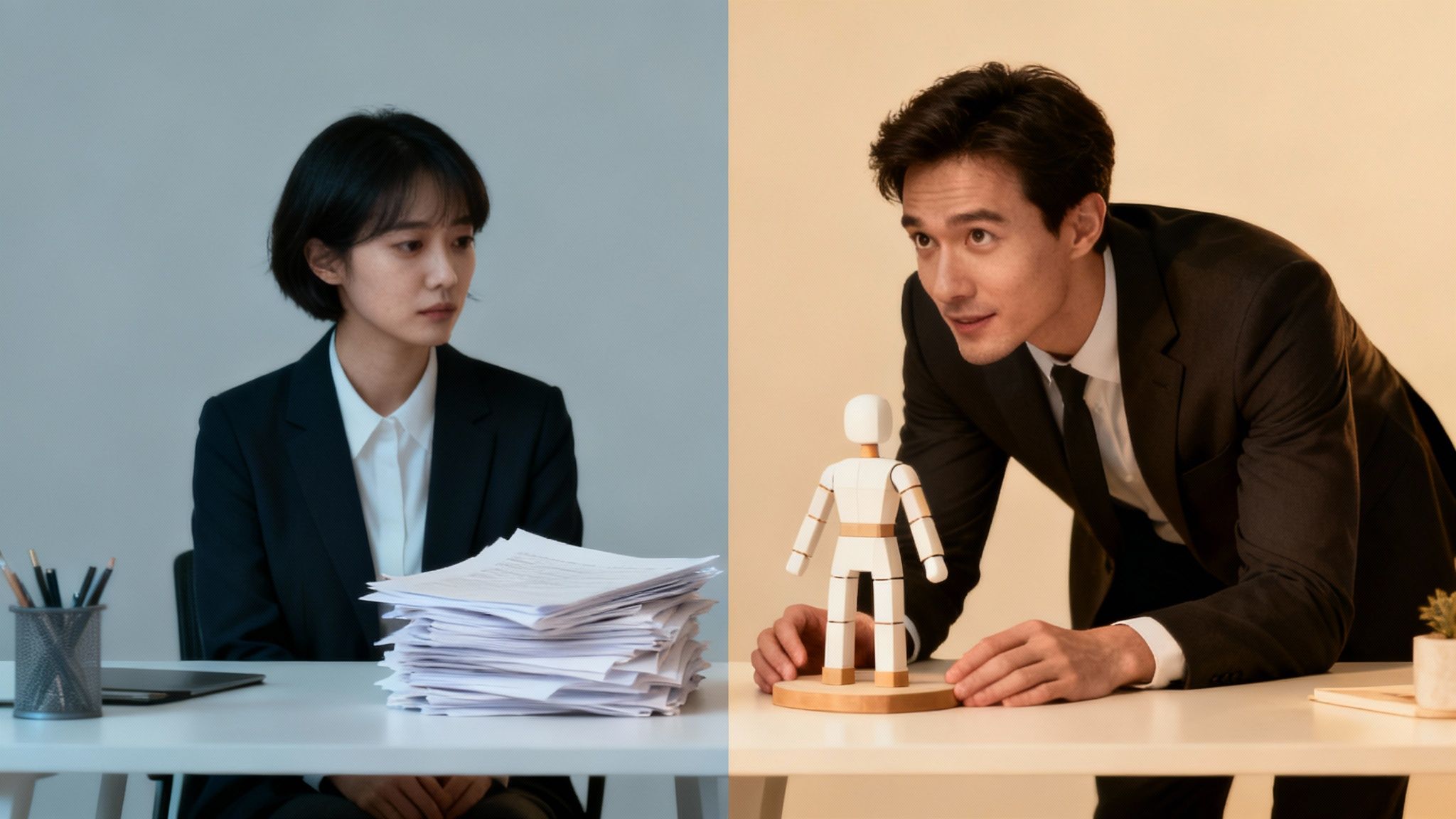 A dual image contrasts a woman overwhelmed by paperwork with a man creatively interacting with a model.