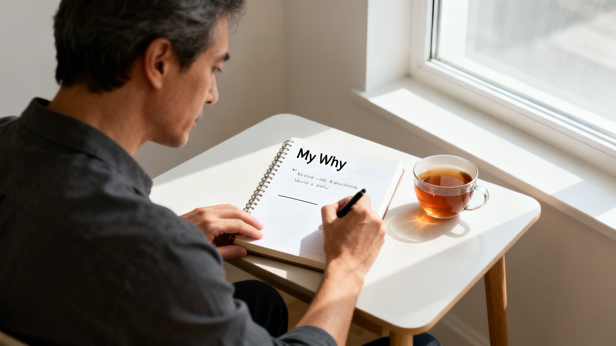 A man writing in a notebook titled 'My Why' with a cup of tea nearby, bathed in natural light.