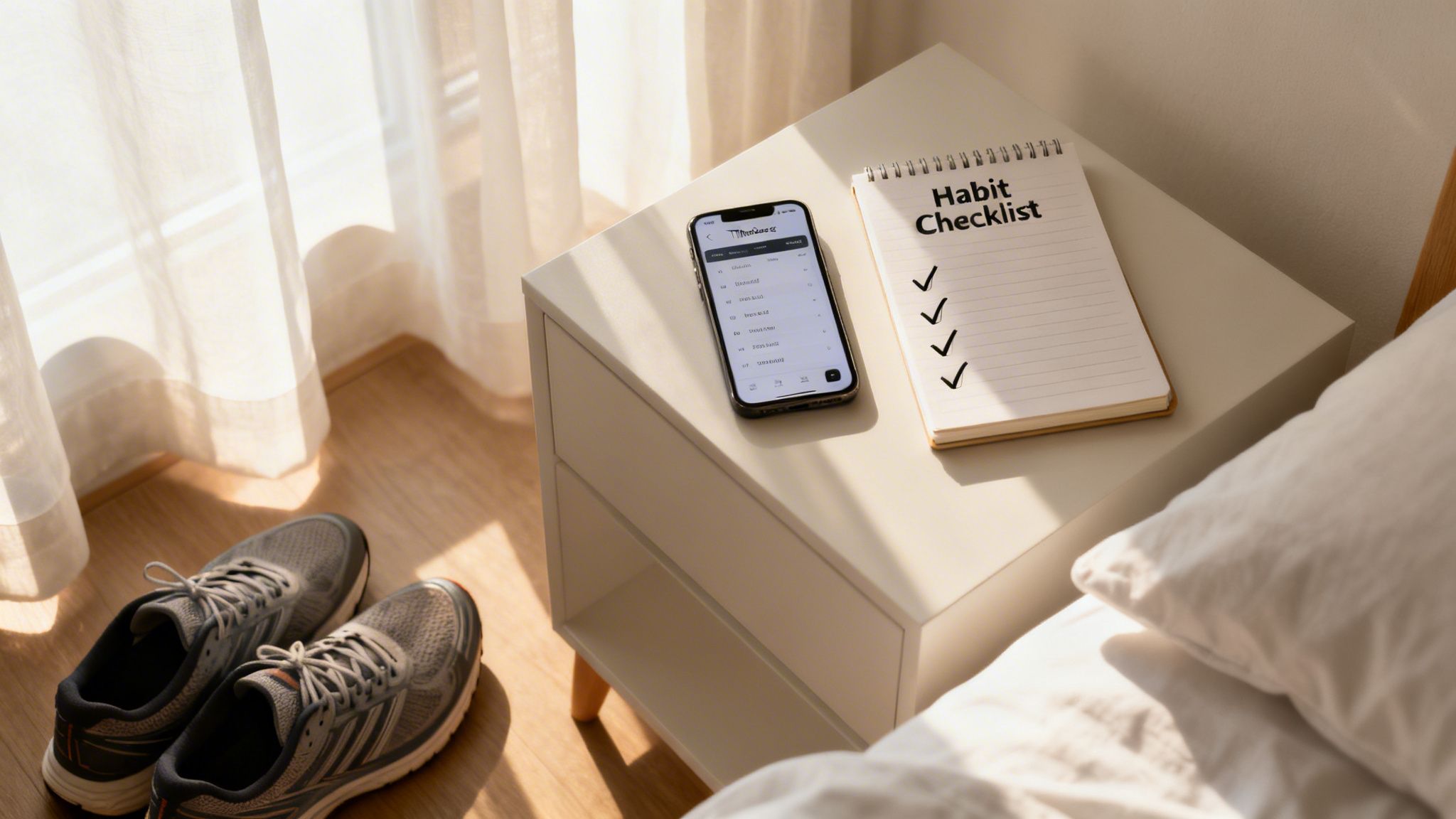 A habit checklist notebook, smartphone, and running shoes on a bedside table for a productive morning.