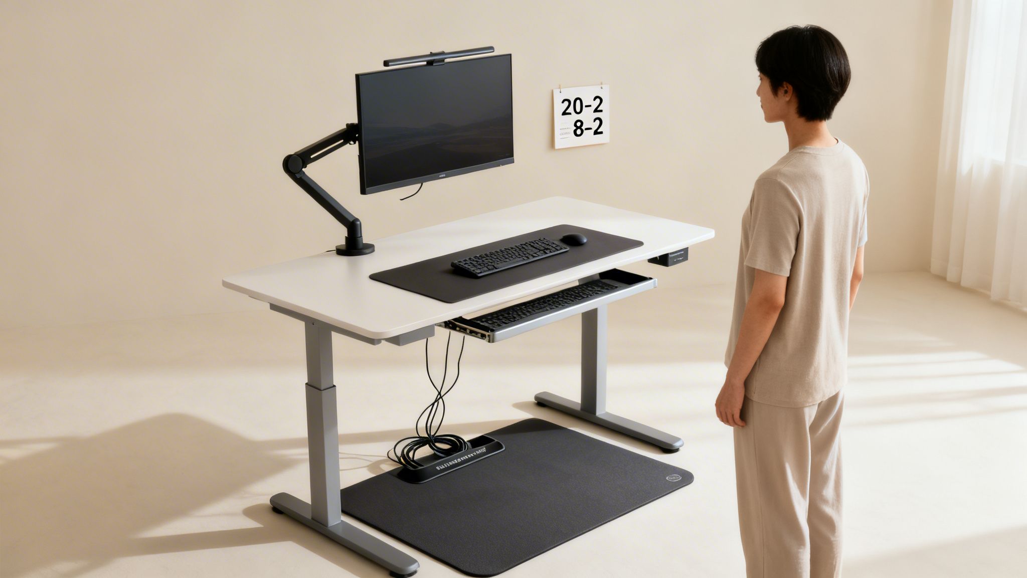 A person standing at a modern ergonomic standing desk with a computer monitor and keyboard setup.