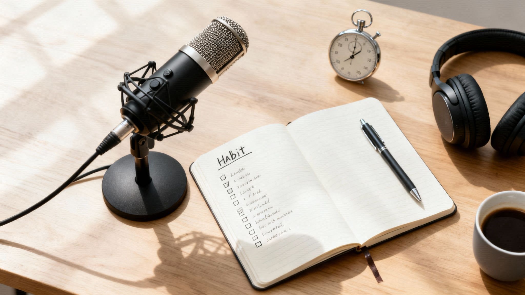 Overhead shot of a podcast recording setup with a microphone, headphones, stopwatch, and a habit tracker notebook on a wooden desk.