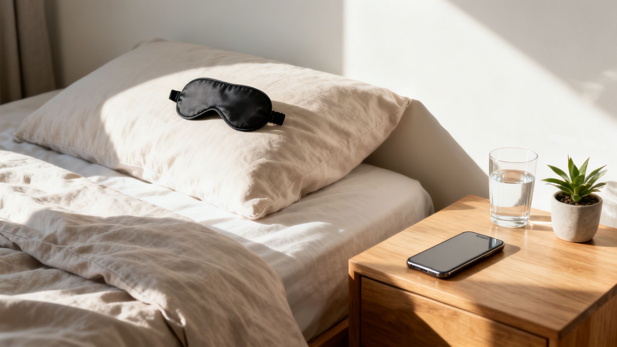 A serene bedroom scene with a bed, sleep mask, nightstand with water, phone, and plant.