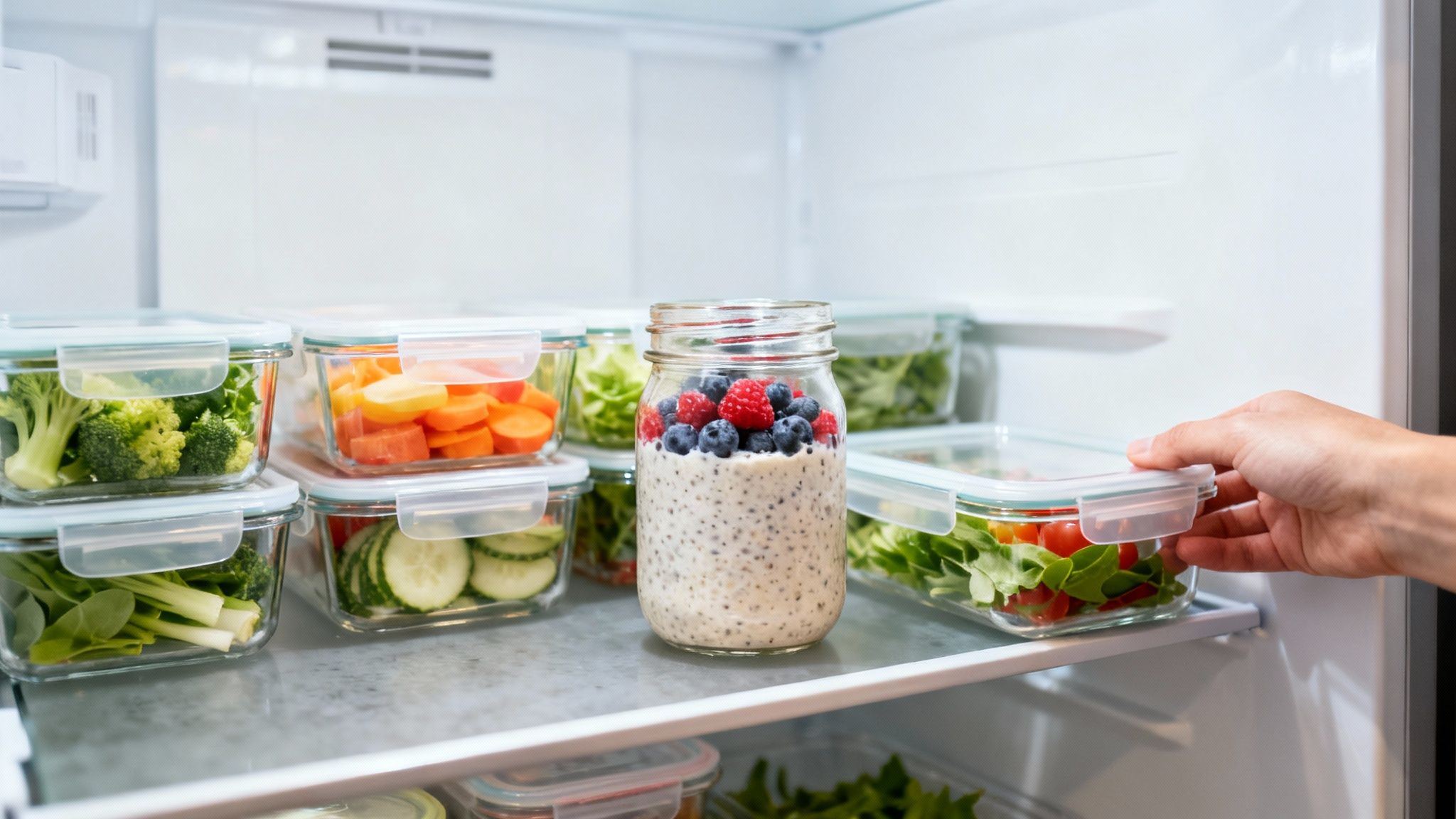 A hand reaches for a healthy meal prep container in a refrigerator stocked with fresh ingredients.