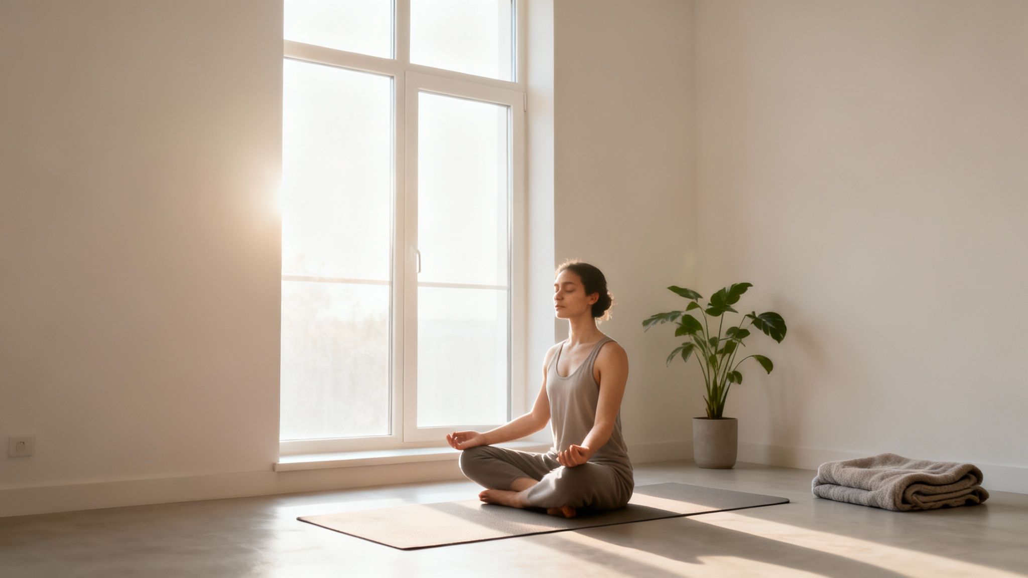 A woman meditates peacefully in a bright, sunlit room, sitting on a yoga mat.