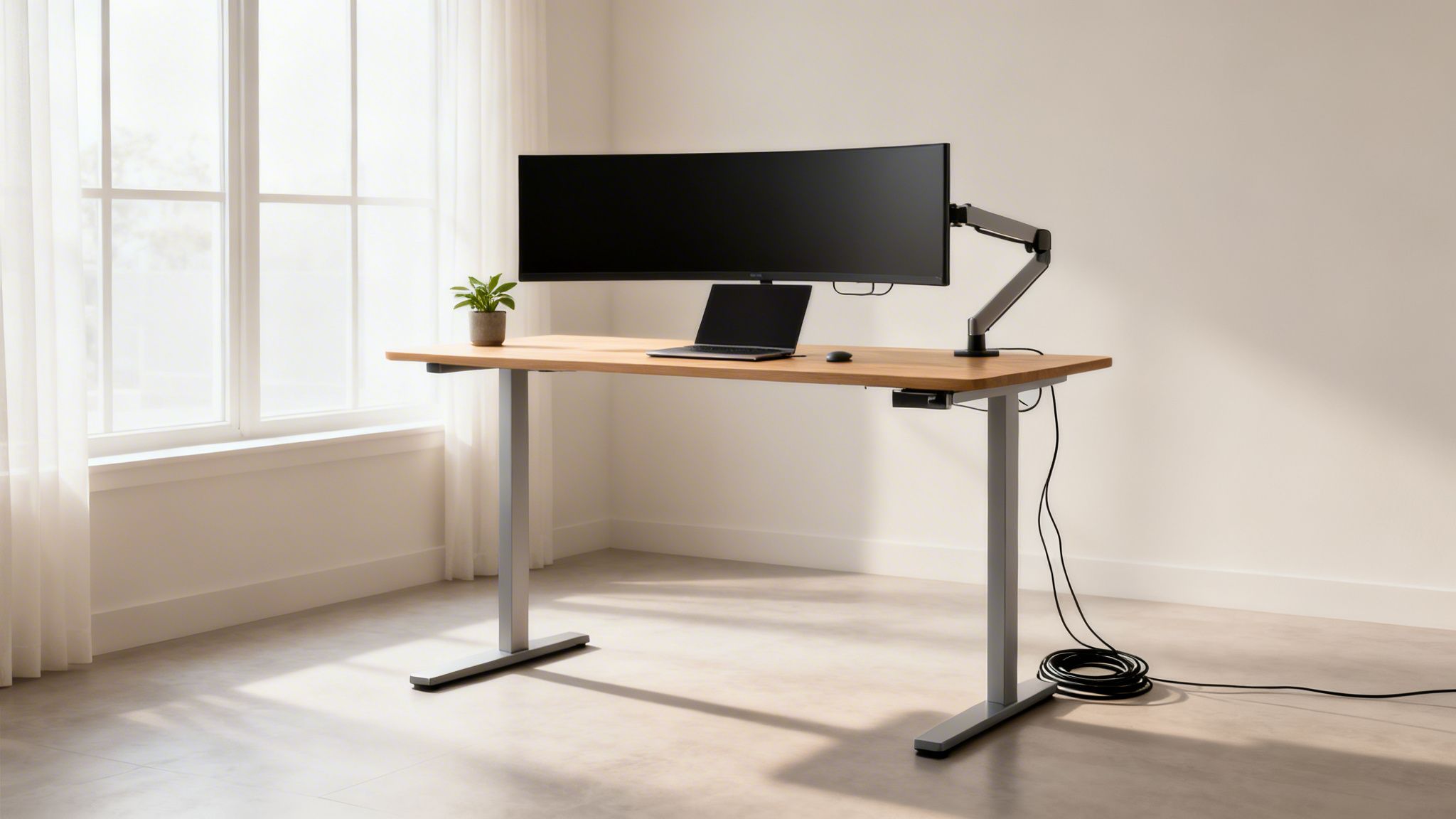 A modern wooden standing desk with a large curved monitor and laptop in a bright home office.