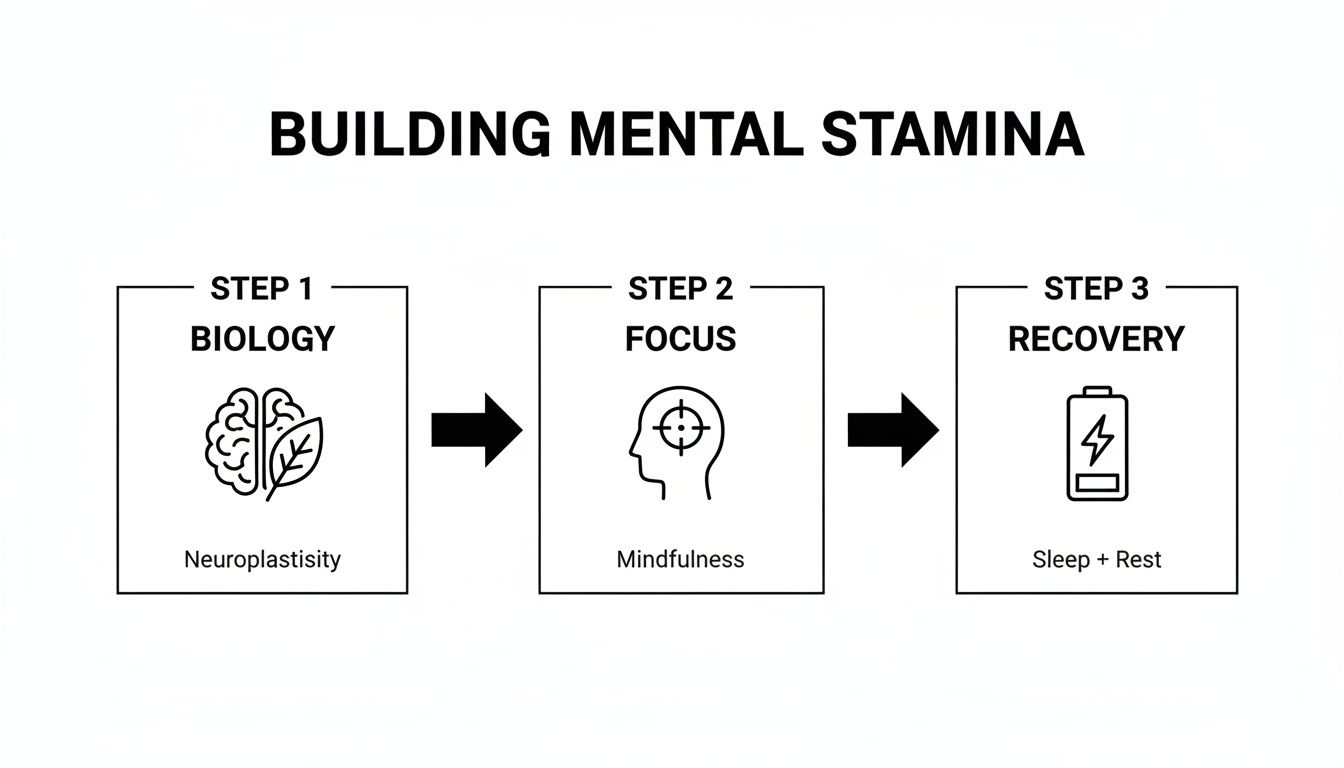 An infographic detailing three steps for building mental stamina: biology (neuroplasticity), focus (mindfulness), and recovery (sleep + rest).
