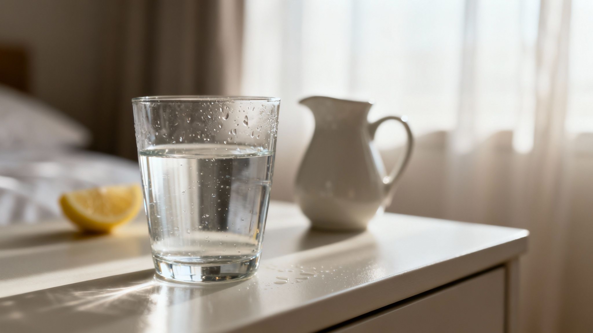 A glass of water with condensation, lemon slice, and pitcher on a white nightstand by a sunny window.