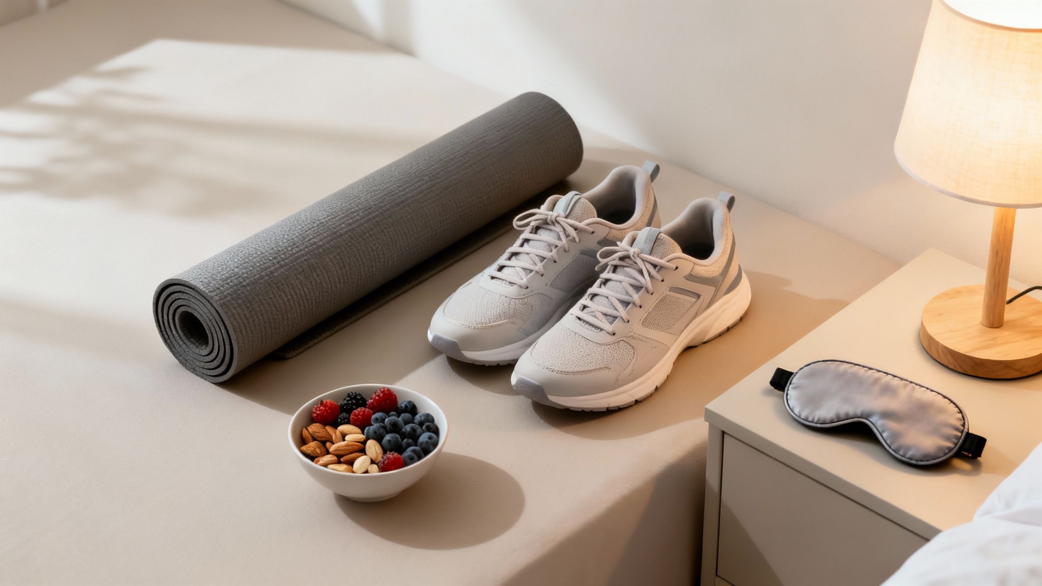 Fitness and wellness essentials: yoga mat, sneakers, healthy snack, and sleep mask on a bed.