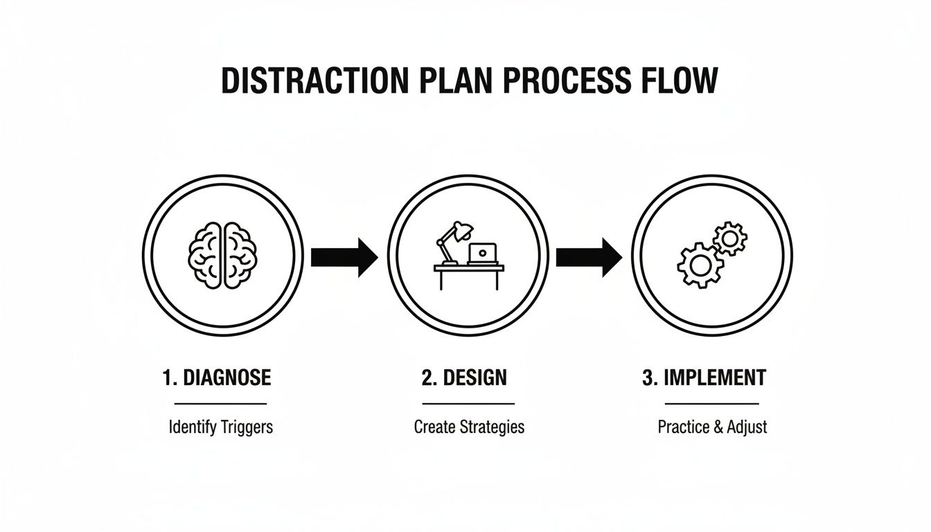 A three-step distraction plan process flow diagram showing diagnose, design, and implement stages.
