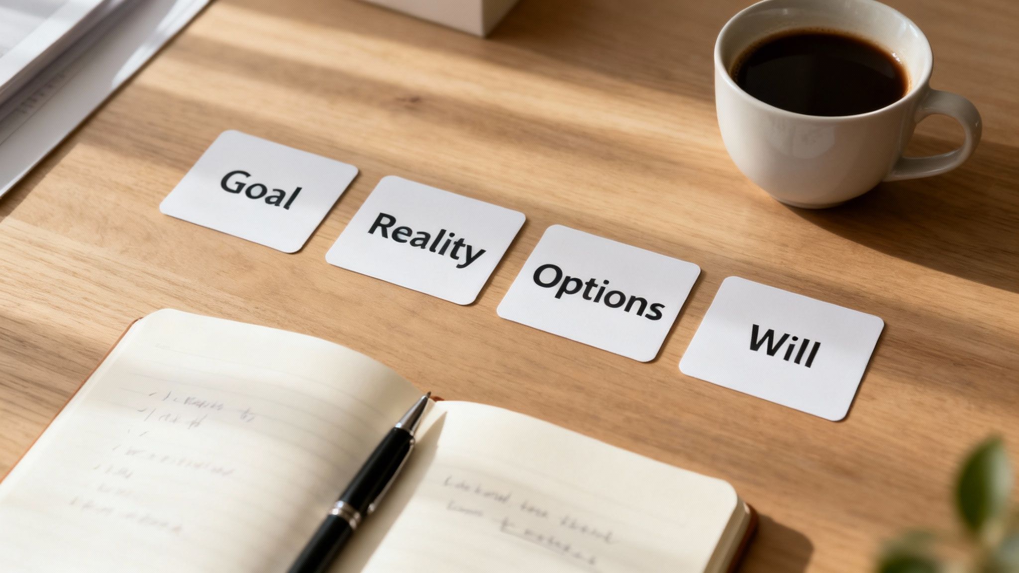 White cards spelling out Goal, Reality, Options, Will on a wooden table with a notebook and coffee cup.