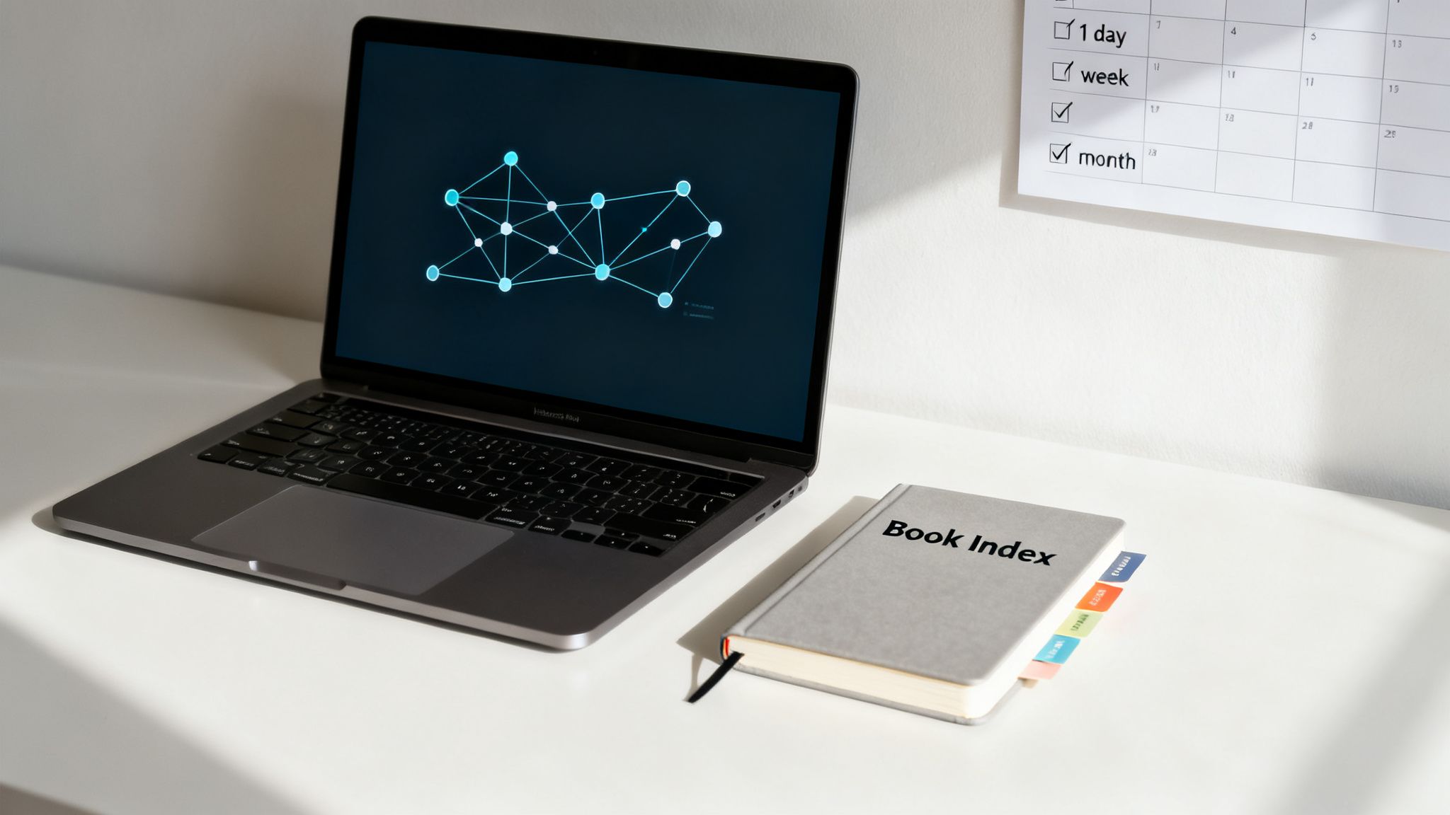 A laptop displays a network graph next to a 'Book Index' notebook and a calendar on a desk.