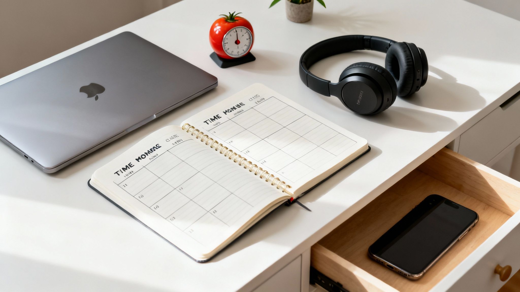 A tidy white desk with a closed laptop, open planner, headphones, and a phone in a drawer.