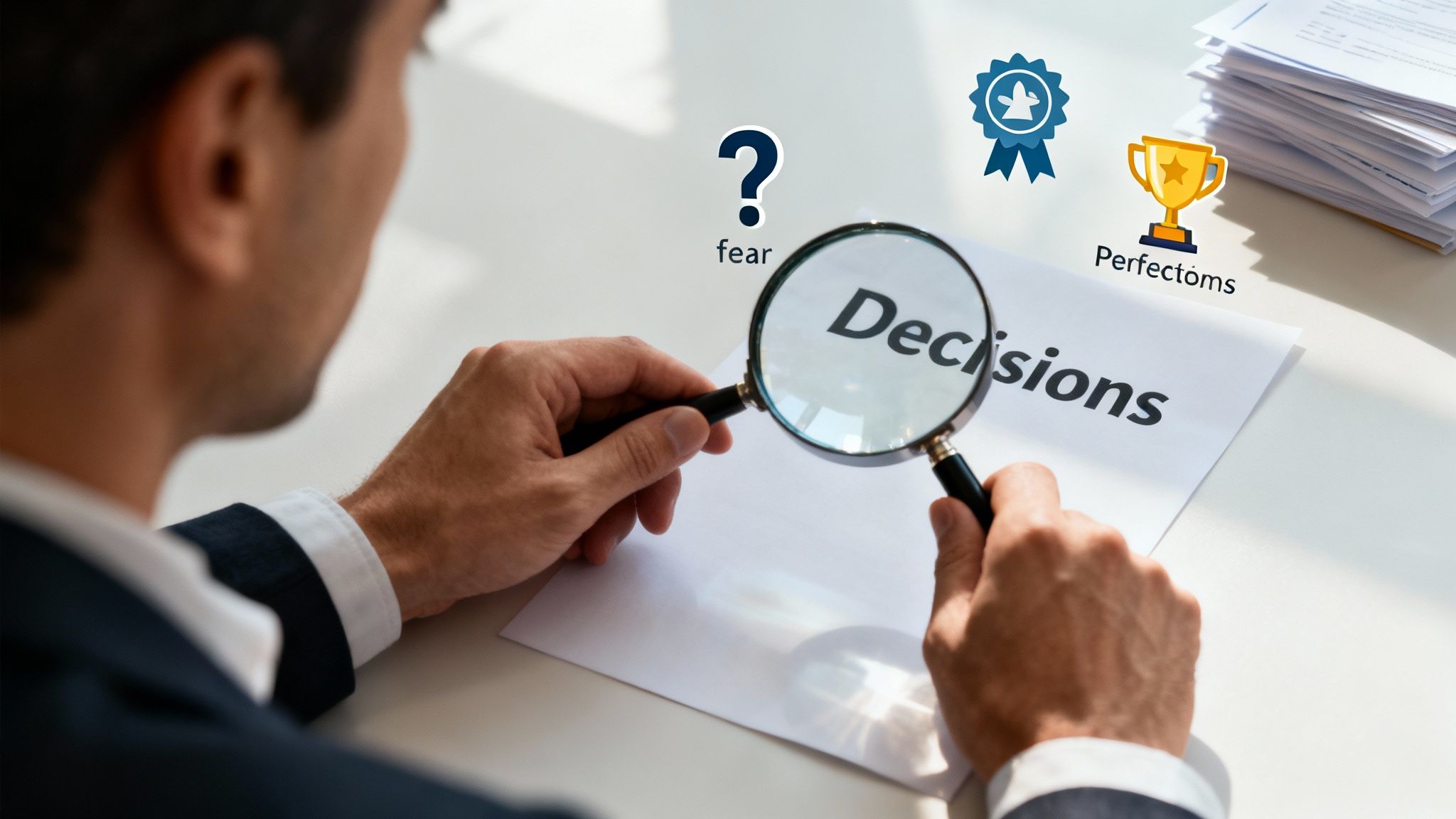 A person uses a magnifying glass to examine the word 'Decisions' on paper, with icons for fear, achievement, and perfectionism nearby.