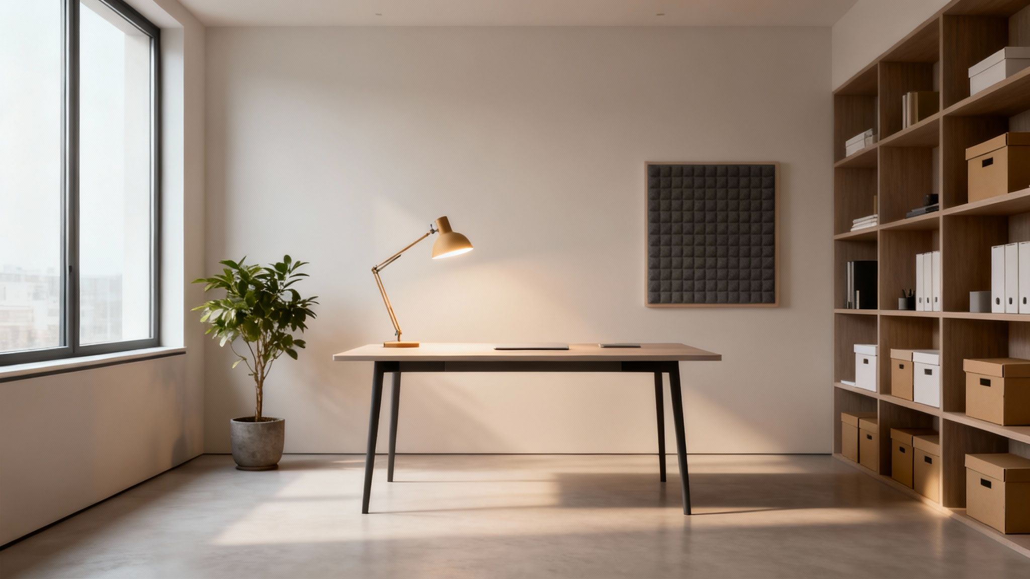 Bright minimalist office with a desk, lamp, plant, large window, and wooden shelving unit.
