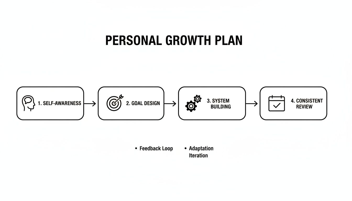 A flowchart illustrating a personal growth plan with steps: self-awareness, goal design, system building, and consistent review.