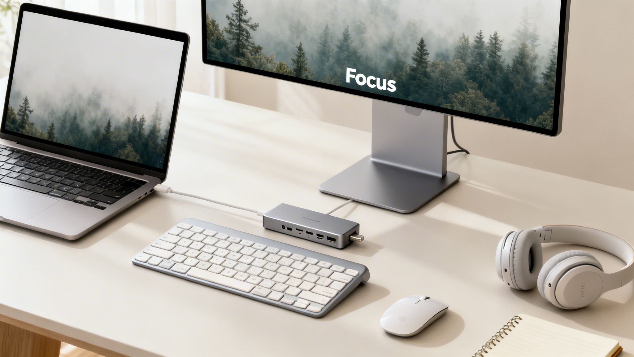 A modern desk setup featuring a laptop, external monitor displaying "Focus", a docking station, keyboard, mouse, and headphones.