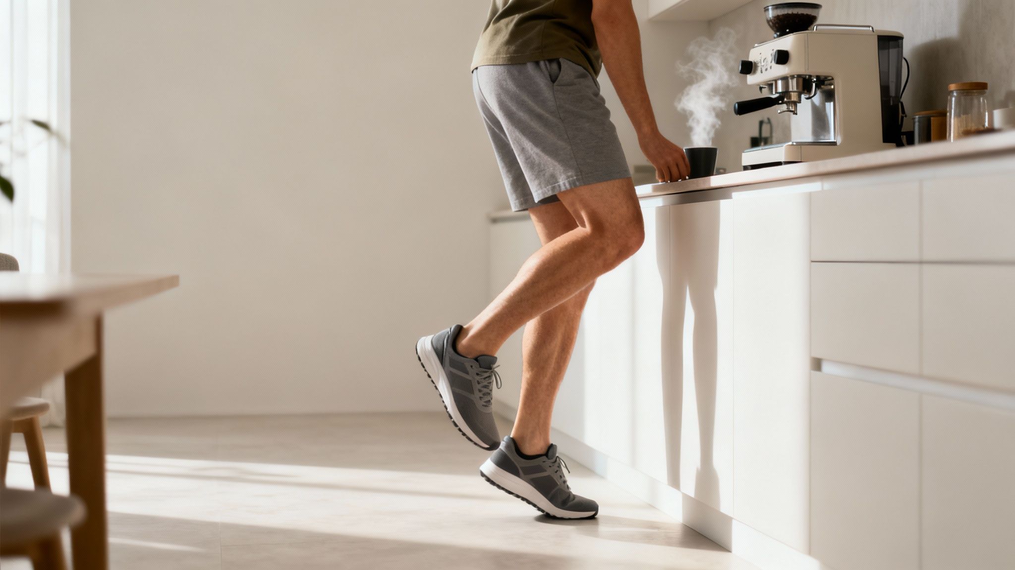 Man in shorts and sneakers on tiptoes, making a steaming coffee in a bright kitchen.