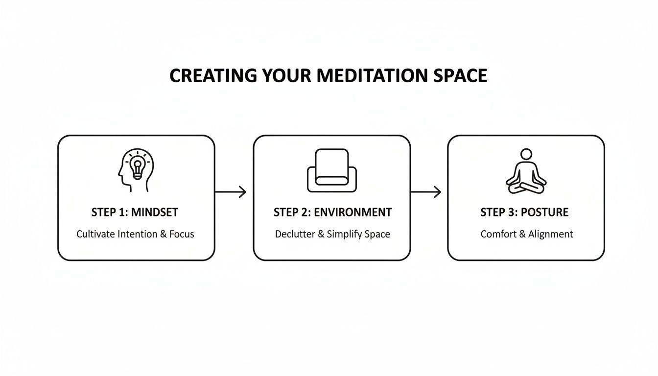 A three-step flowchart illustrating how to create your meditation space, covering mindset, environment, and posture.