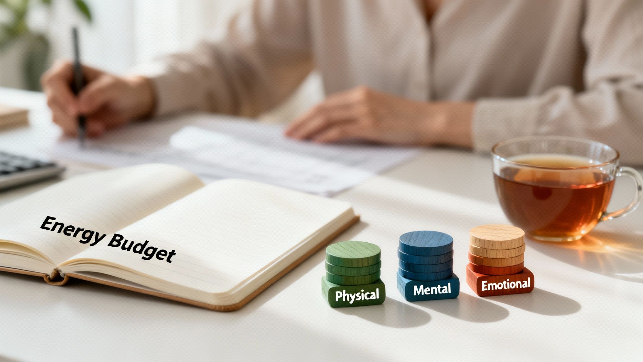 A person writes at a desk with an 'Energy Budget' notebook and blocks for physical, mental, emotional energy.