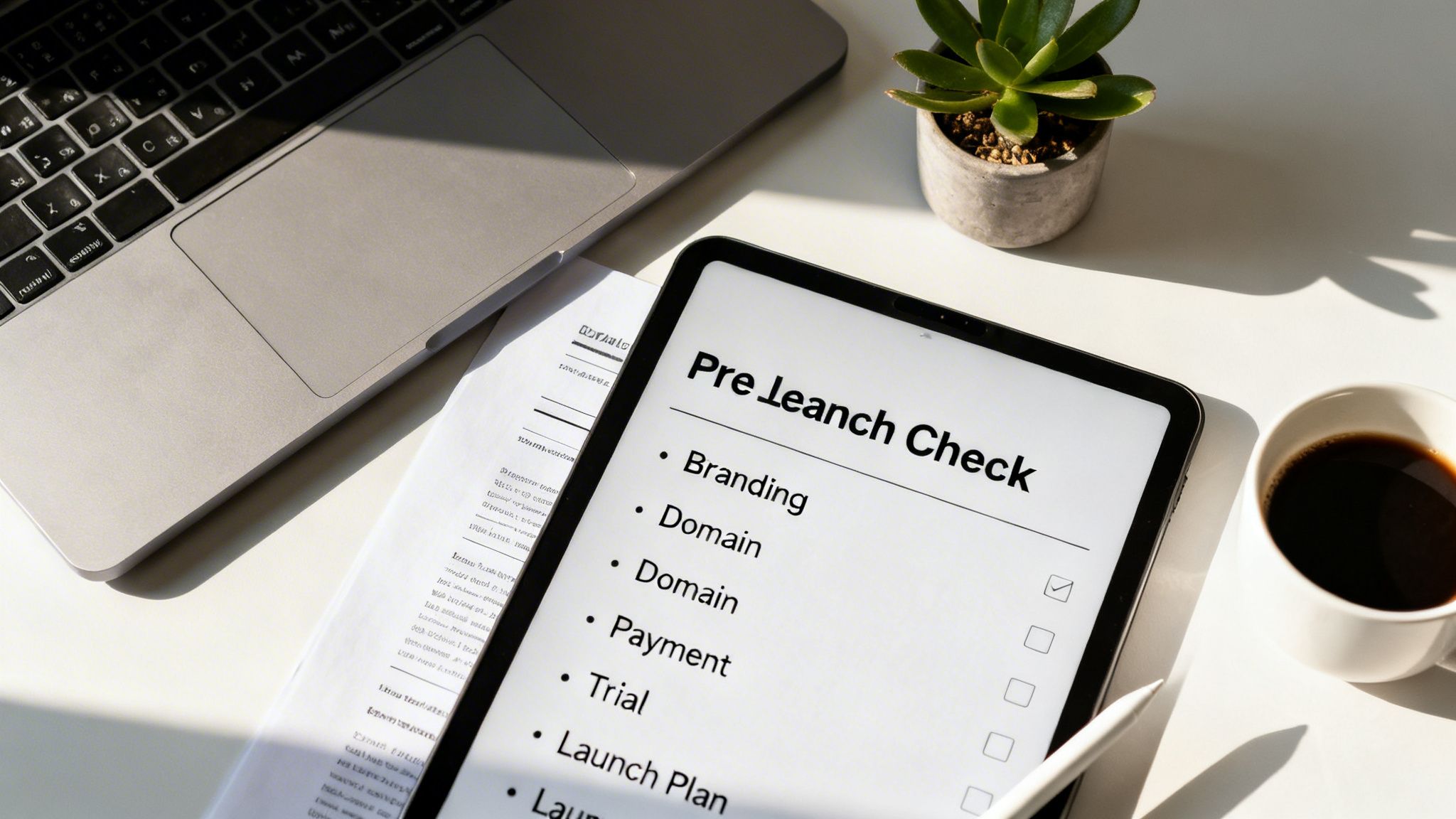 A white desk flat lay with a laptop, coffee, plant, and tablet showing a pre-launch checklist.