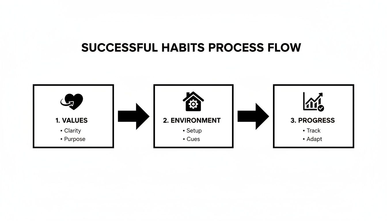 A diagram illustrating the successful habits process flow with three key steps: Values, Environment, and Progress.