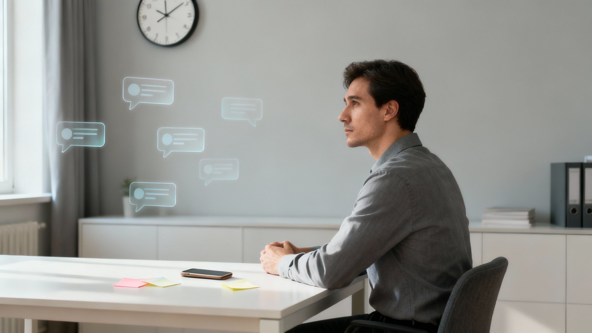 A man at a desk looks at glowing chat bubble icons, symbolizing digital distractions and communication.