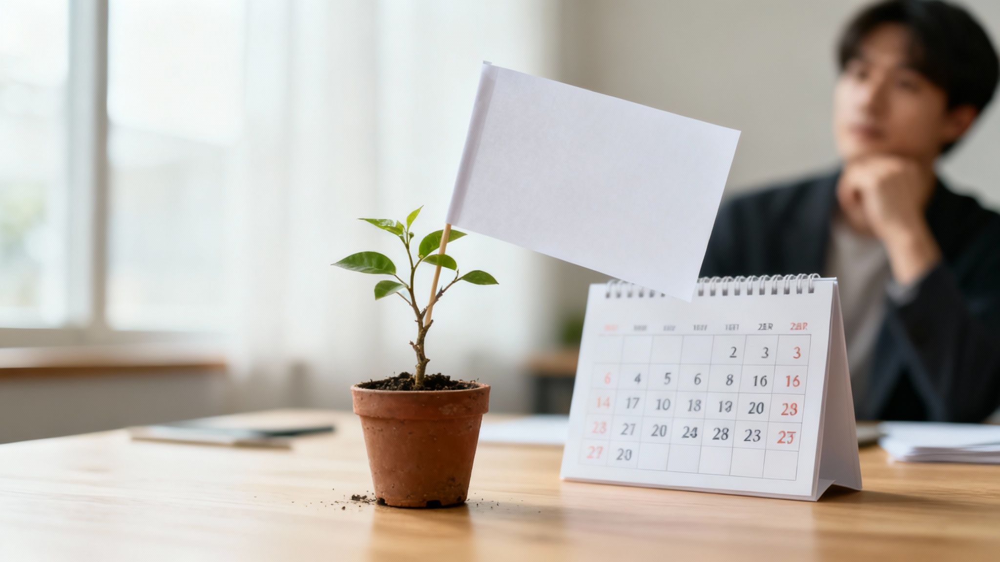 A potted plant with a white flag and a calendar sits on a desk, a man thoughtfully gazes in the background.