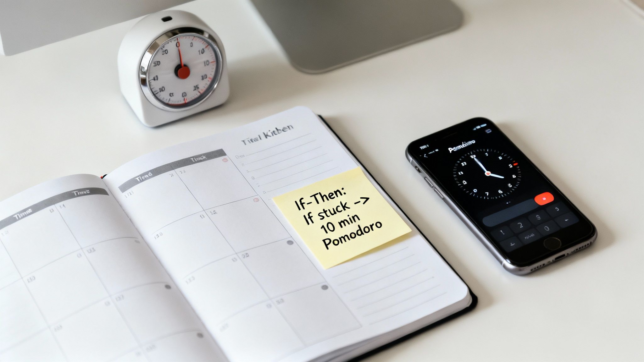 Desk with planner, analog timer, and a smartphone running a Pomodoro productivity app.