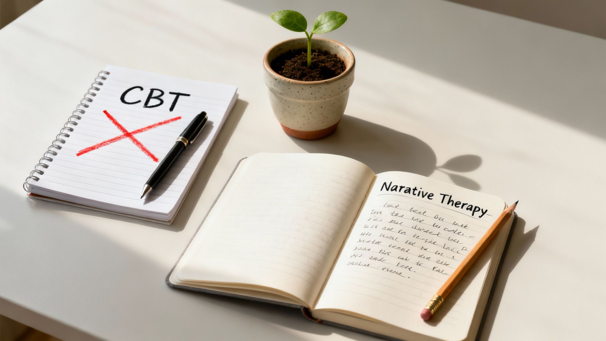 Two notebooks on a table, one crossing out 'CBT' and the other open to 'Narrative Therapy' with a plant.