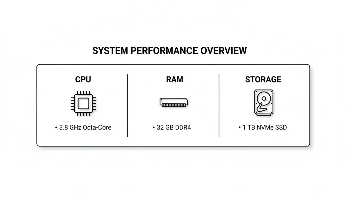 A system performance overview displaying CPU, RAM, and Storage specifications with corresponding icons.