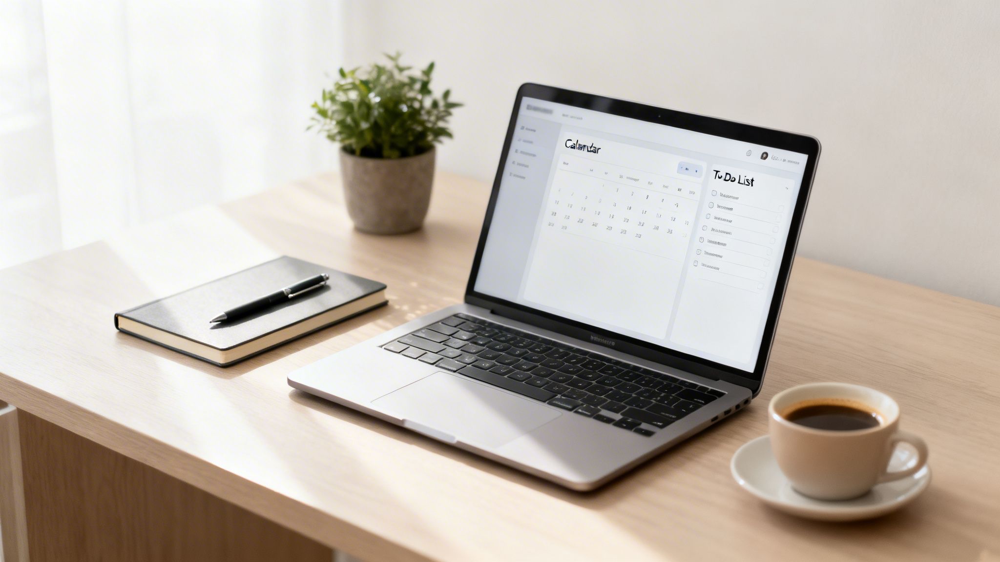 A laptop displaying a calendar and to-do list, notebook, pen, and coffee on a wooden desk.