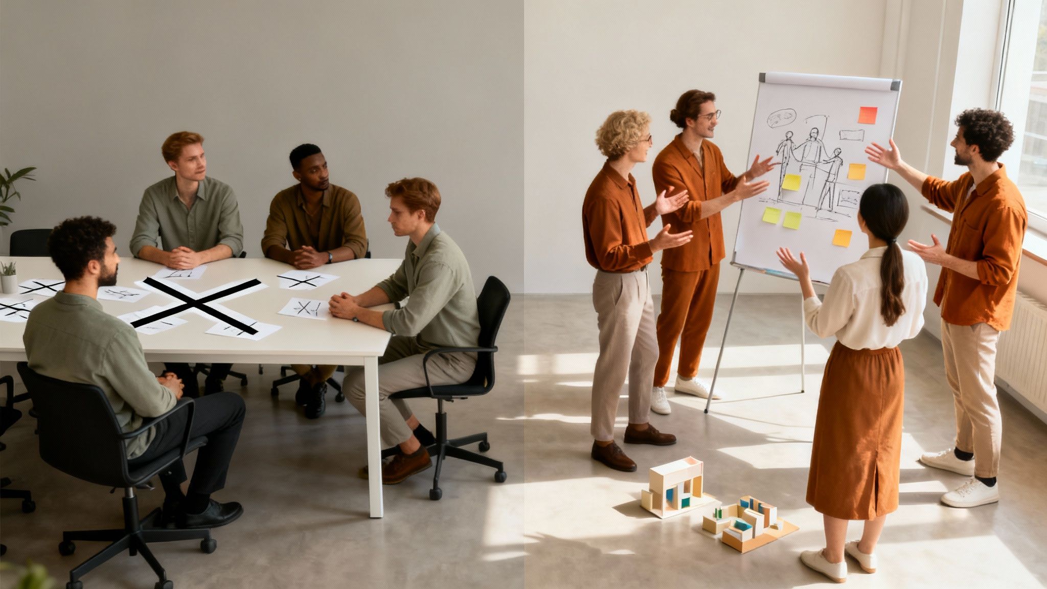 Comparing fixed and growth mindsets: a team disengaged versus another collaborating enthusiastically at a whiteboard.