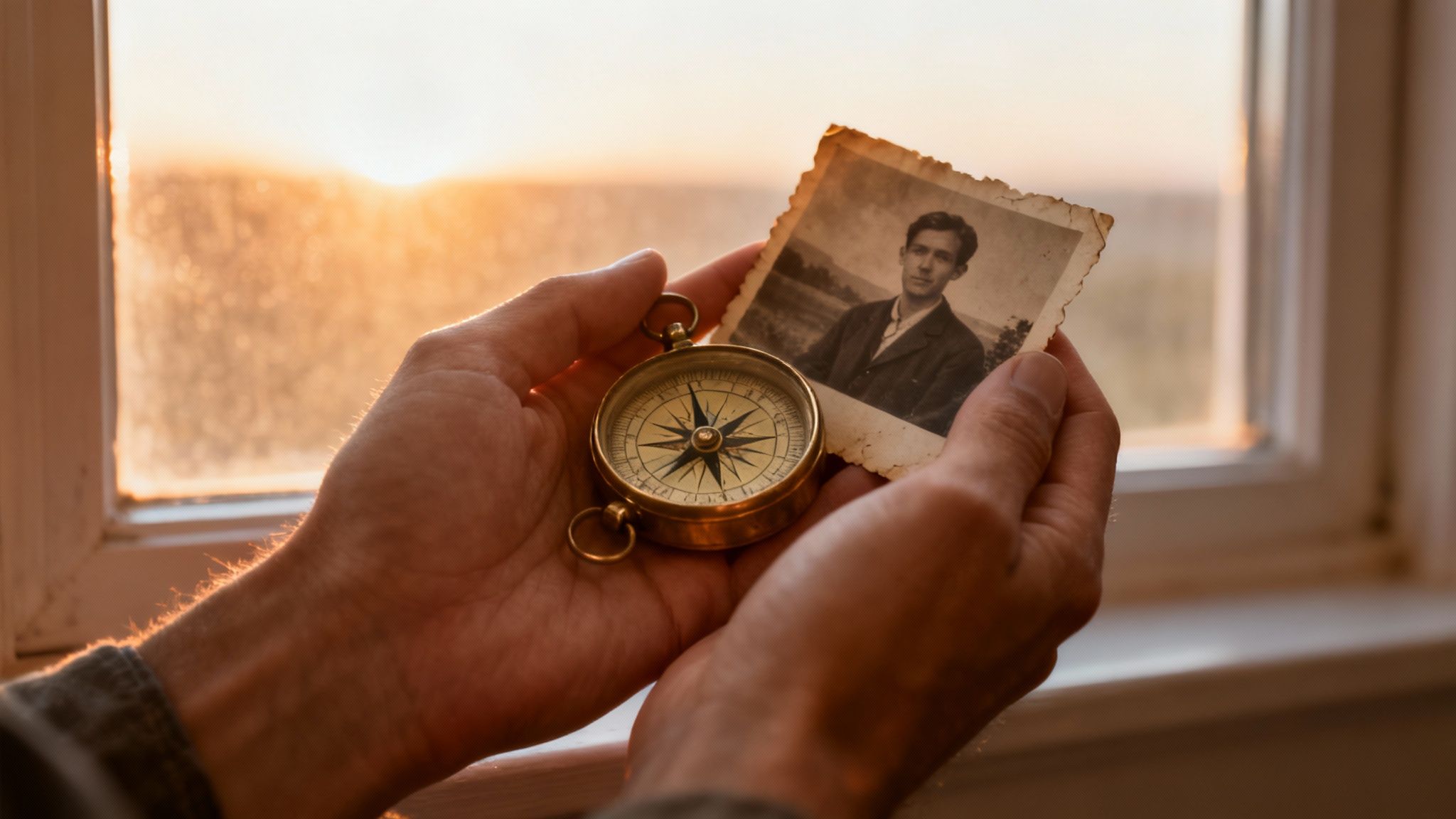 Close-up of hands holding a brass compass and an aged photograph of a man at sunset.
