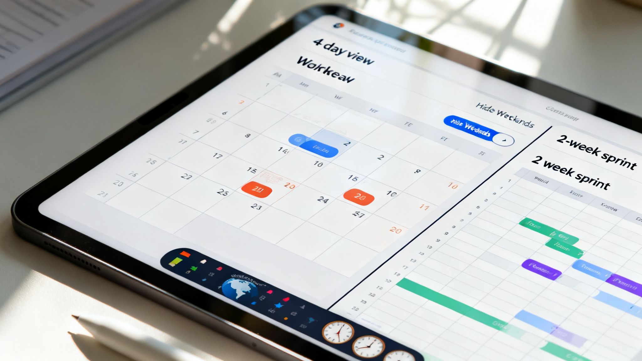 A tablet displays a digital calendar and project management application with a Gantt chart.