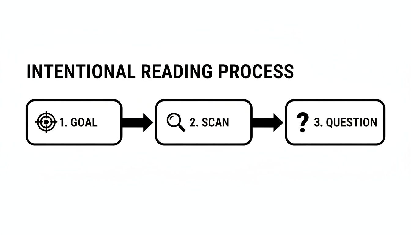 A flowchart illustrating the intentional reading process with three steps: Goal, Scan, and Question.