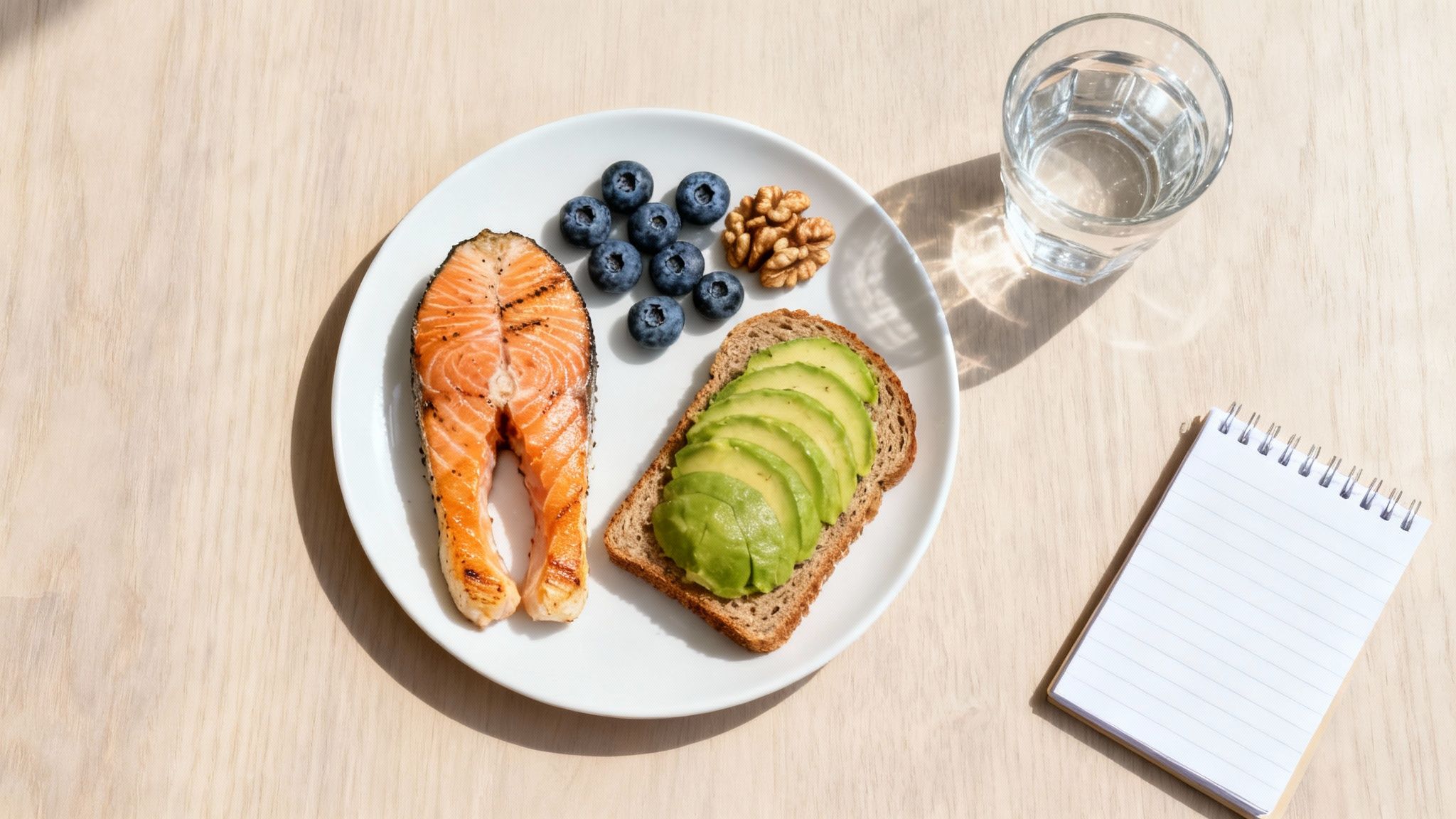 A nutritious meal featuring grilled salmon, avocado toast, blueberries, walnuts, and a glass of water.