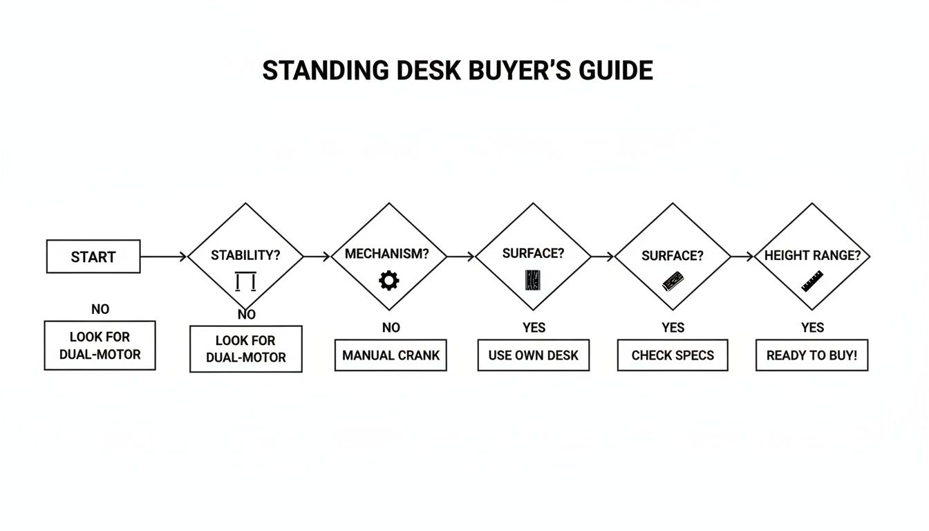 A flowchart buyer's guide for standing desks, covering stability, mechanism, surface, and height range.