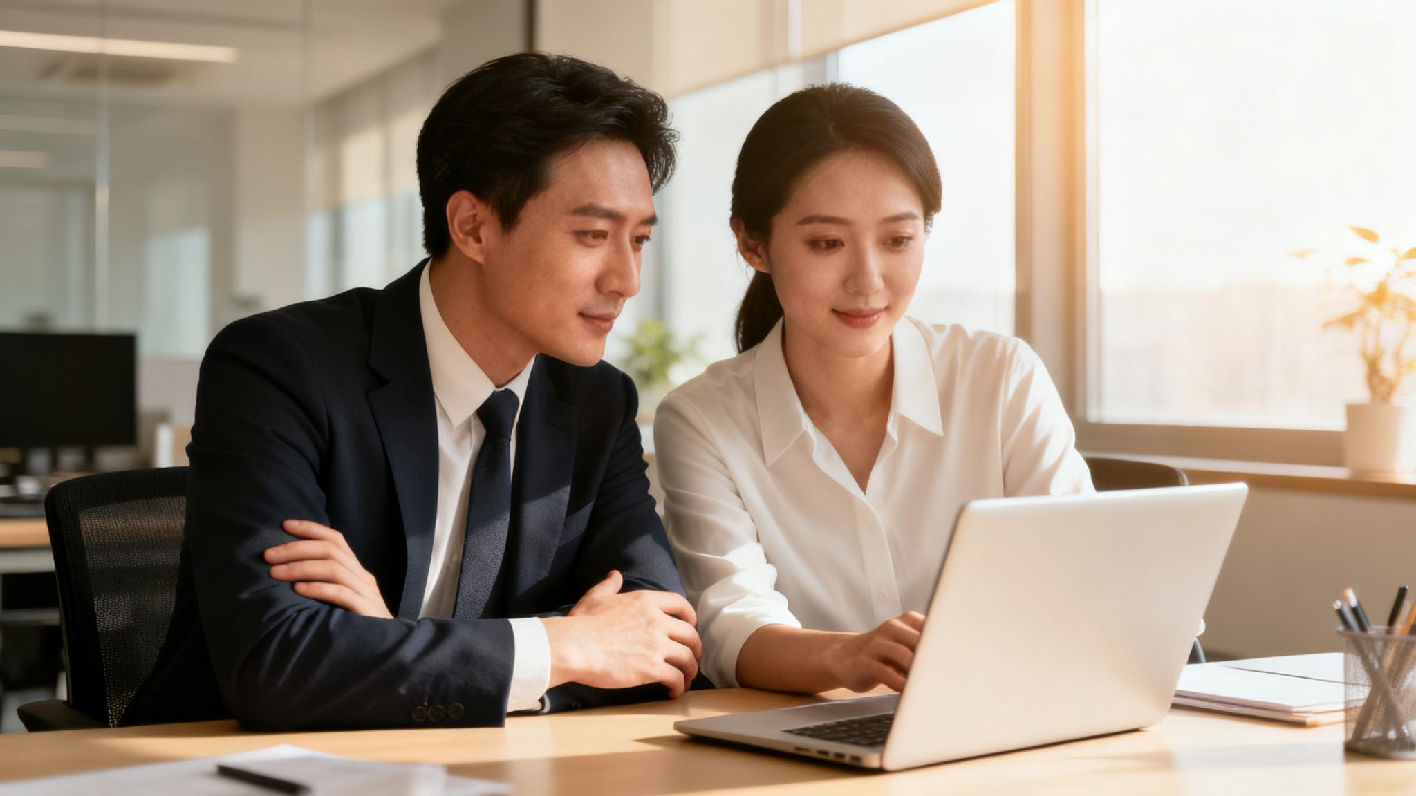 Professional East Asian man and woman collaborating on a laptop in a bright modern office.