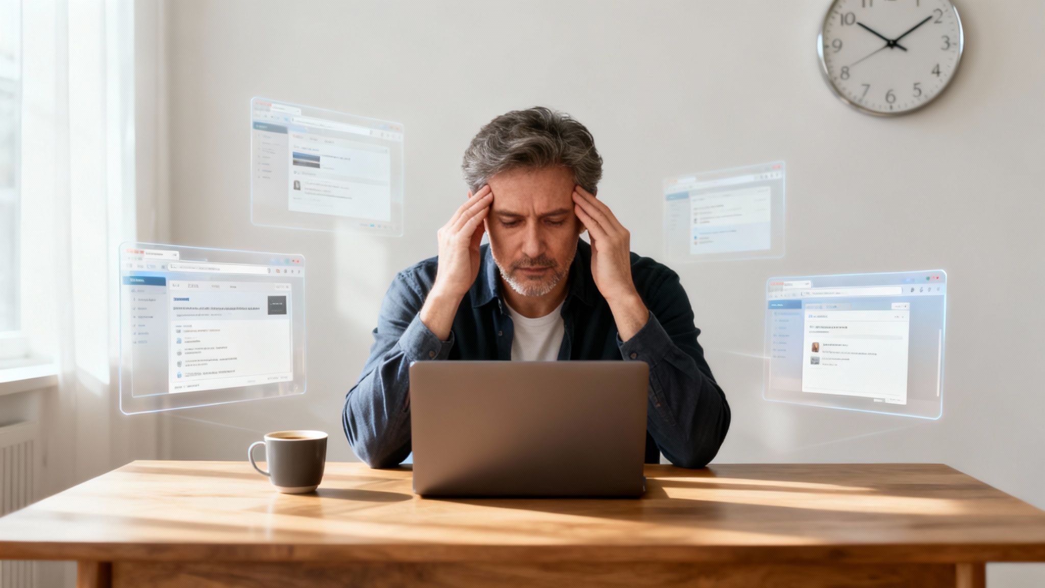 A man with hands on temples, overwhelmed by multiple virtual screens while working on a laptop.