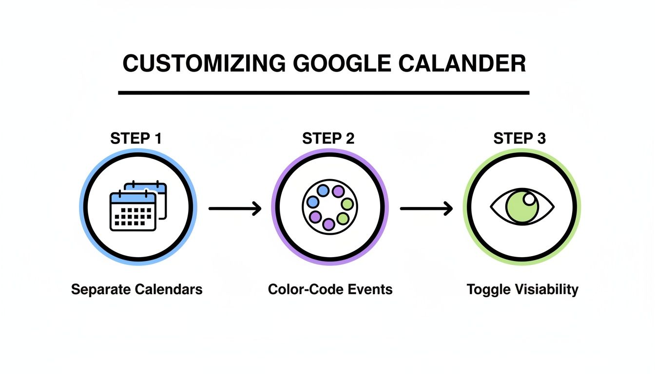 A three-step visual guide on customizing Google Calendar with separate calendars, color-coding events, and visibility options.