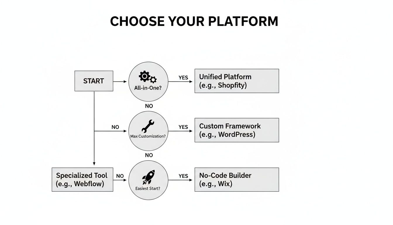 A flowchart guides platform selection: Unified (Shopify), Custom (WordPress), Specialized (Webflow), or No-Code (Wix).