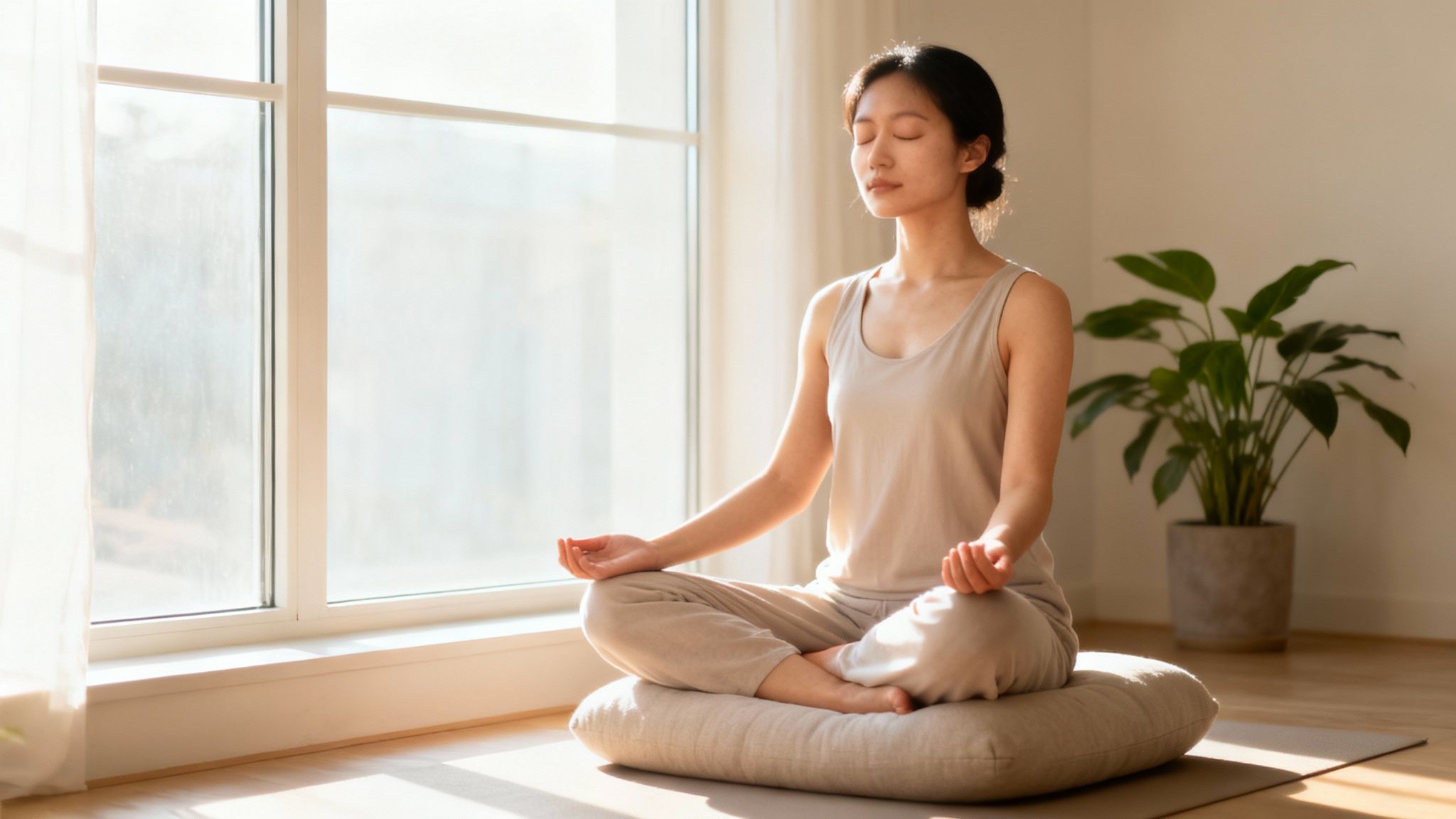 A young woman meditating peacefully on a cushion by a sunlit window with a plant nearby.