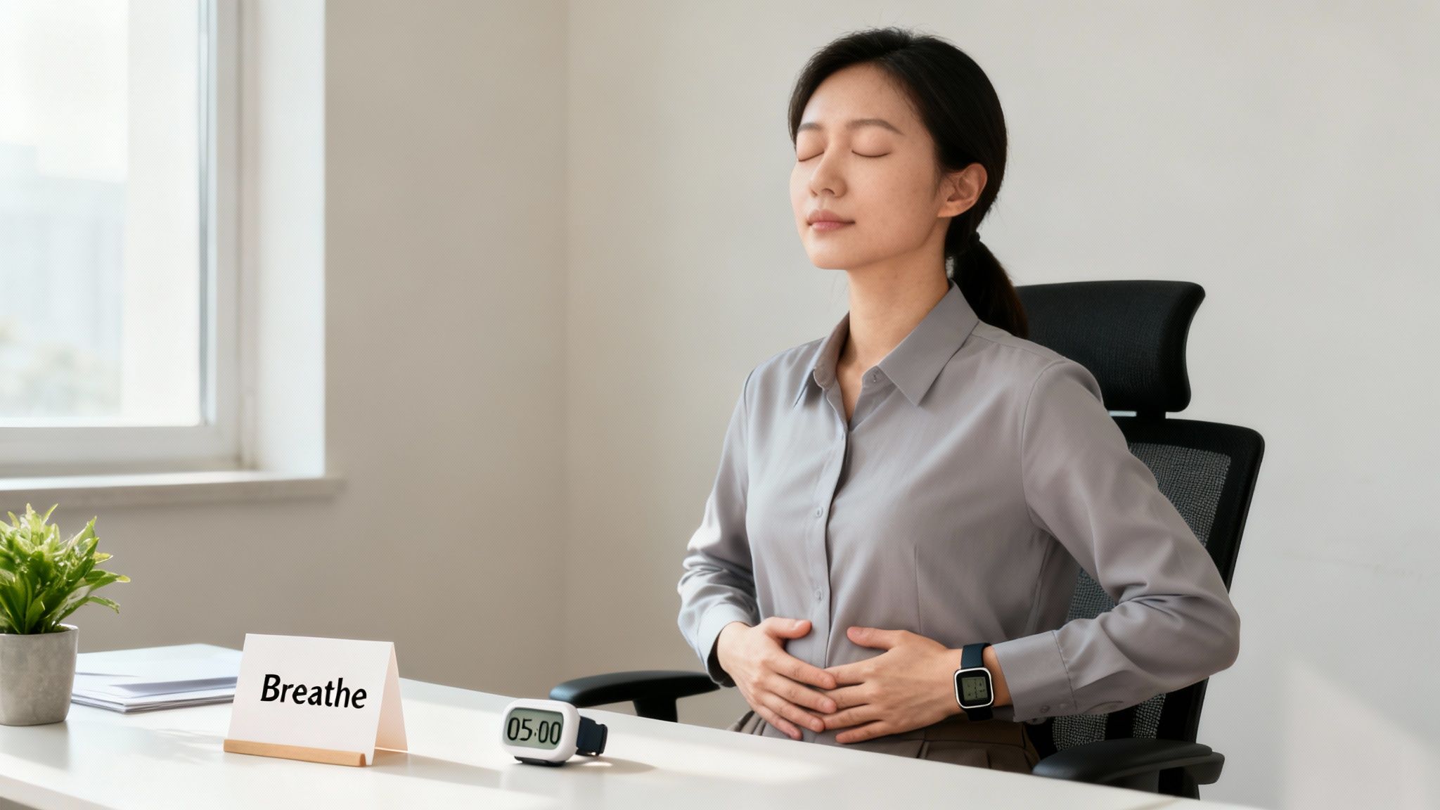 A calm woman practicing breathing exercises at her office desk with a timer and 'Breathe' sign.
