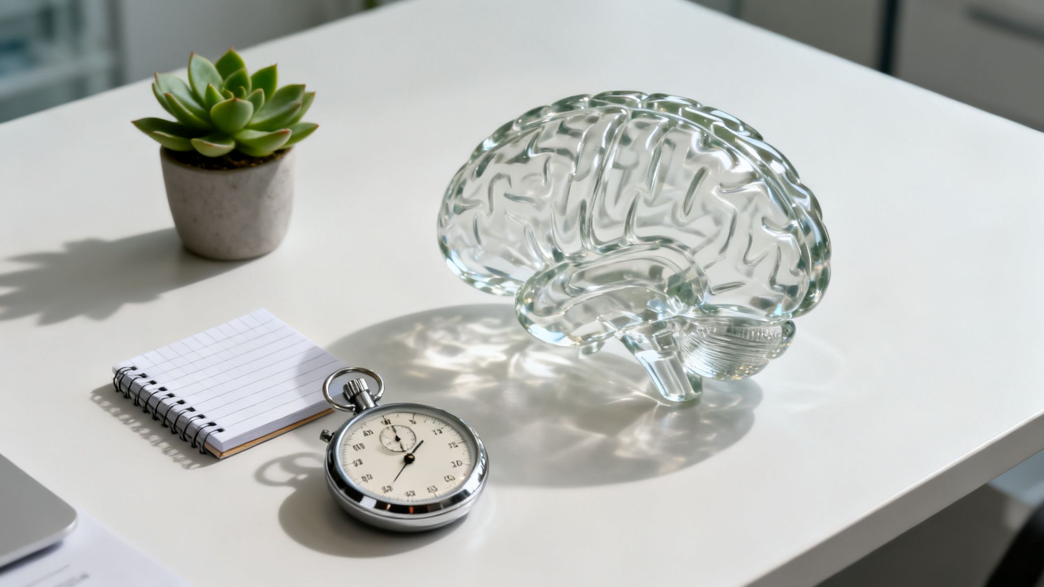 A clear glass brain model, a stopwatch, a notebook, and a succulent on a white desk.