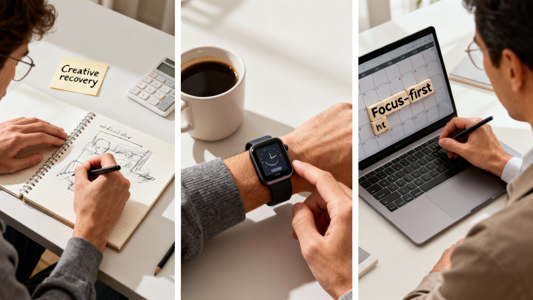 A triptych showing a person sketching for creative recovery, checking a smartwatch, and working on a laptop with 'Focus-first' displayed on screen.